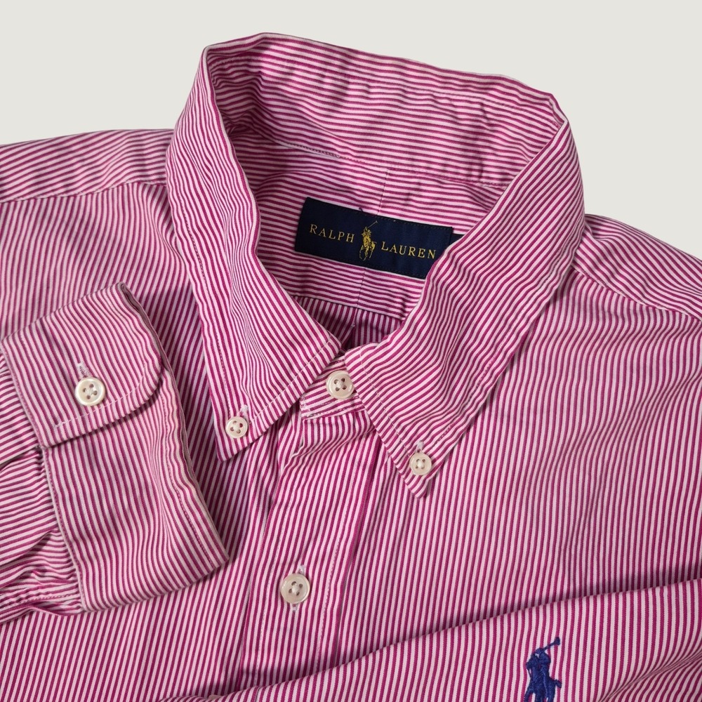 Ralph Lauren Button Down Shirt Mens Large Pink Stripe Cotton Heritage Pony